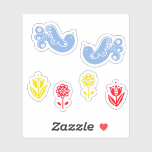 Sticker Fleurs Bleu Oiseau Rouge Jaune Scandi