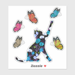 Sticker Fleurs bleues de chat noir et papillons colorés