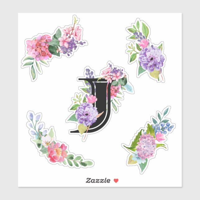 Sticker Fleurs d'aquarelle chic avec lettre J (Feuille)