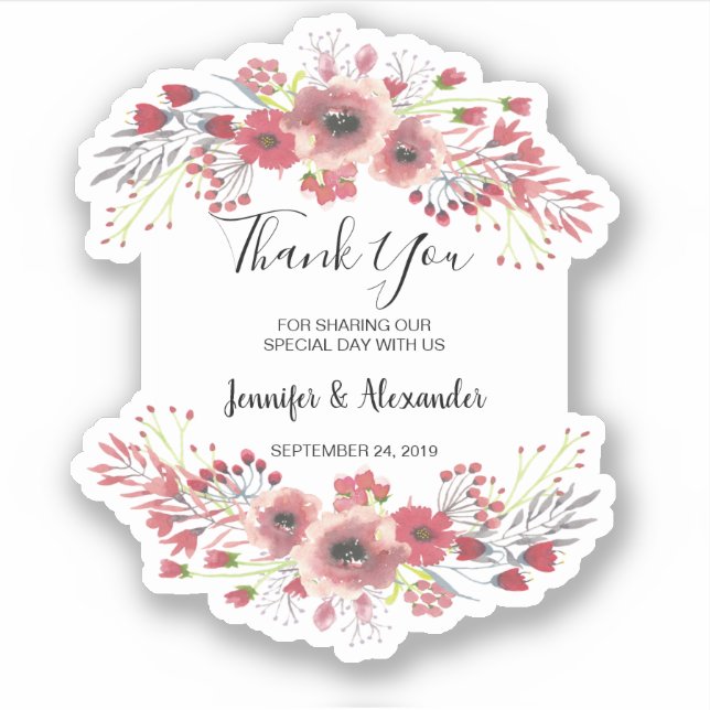 Sticker Fleurs d'aquarelle Mariage Merci personnalisé coup (Devant)