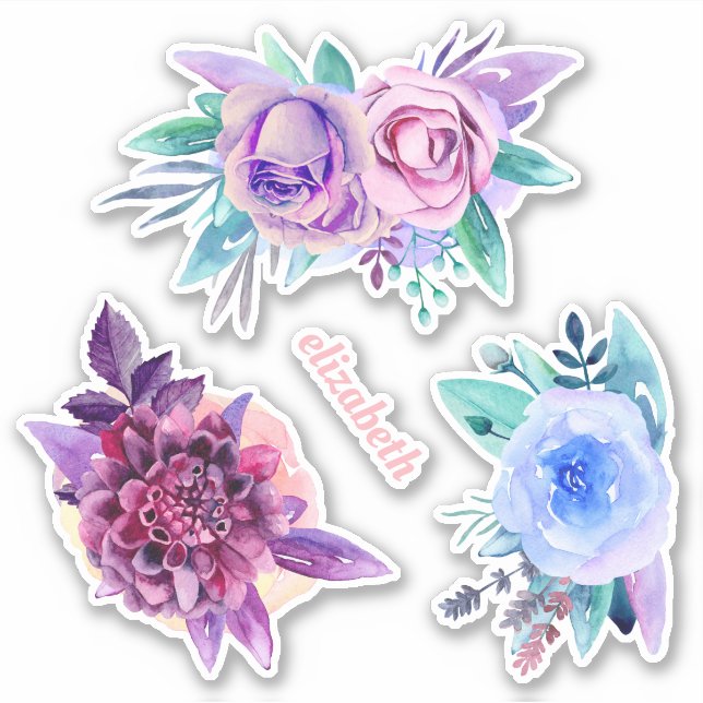 Sticker Fleurs de jardin bleu pourpre d'aquarelle. Floral  (Devant)
