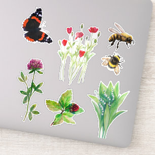Sticker Fleurs de la nature, abeilles, papillon