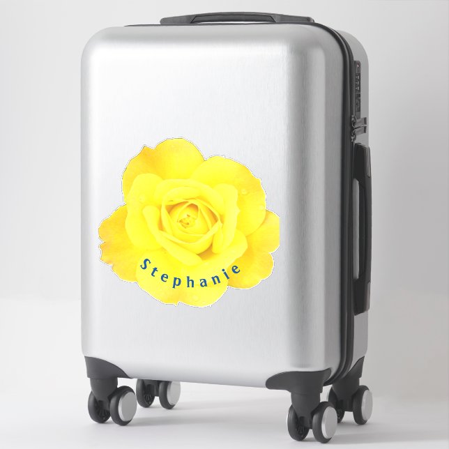 Sticker Fleurs de rose jaune Texte de nom bleu Modèle Mign (Sur valise)
