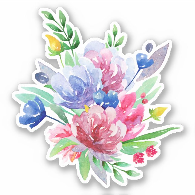 Sticker Fleurs d'été aquarelles. Floral rose et bleu (Devant)
