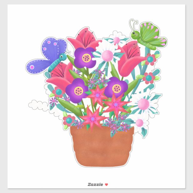 Sticker Fleurs et papillons en Terra Cotta Pot (Feuille)