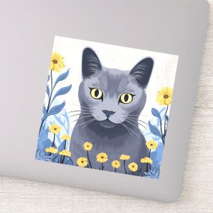 Sticker Fleurs Jaunes Chat Bleu Russe