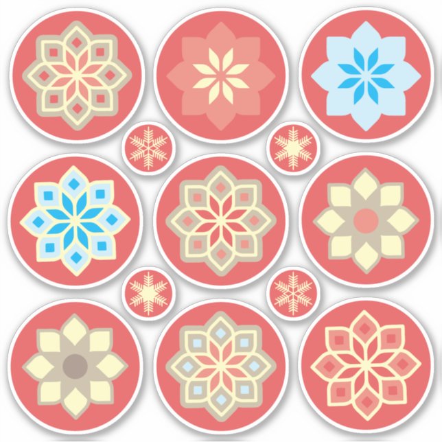 Sticker Fleurs ornementales et flocons de neige sur fond r (Devant)