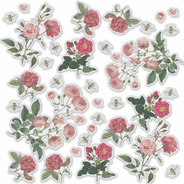 Sticker Fleurs roses Abeilles Vintages Floral (Devant)