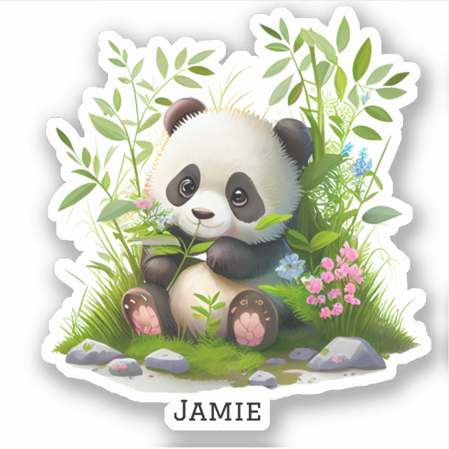 Sticker Fleurs roses Panda mignonnes Bambou Coupe personna (Devant)