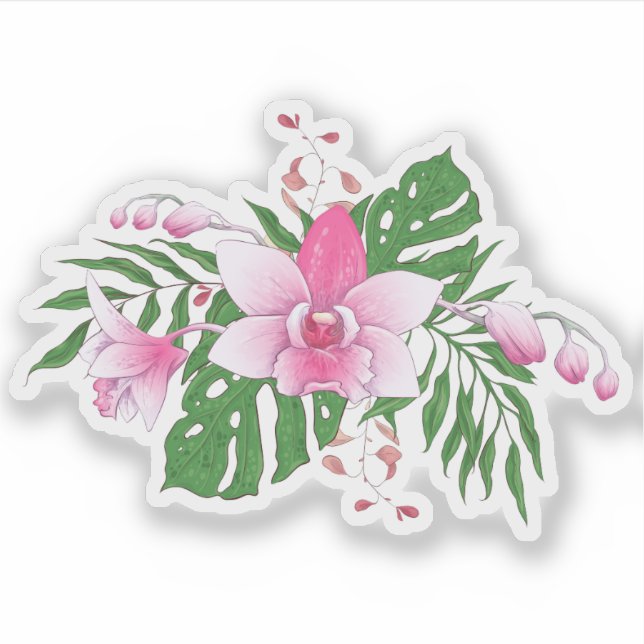 Sticker Fleurs tropicales colorées et arrangement feuille (Devant)