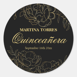 Sticker floral élégant Quinceanera noir et or