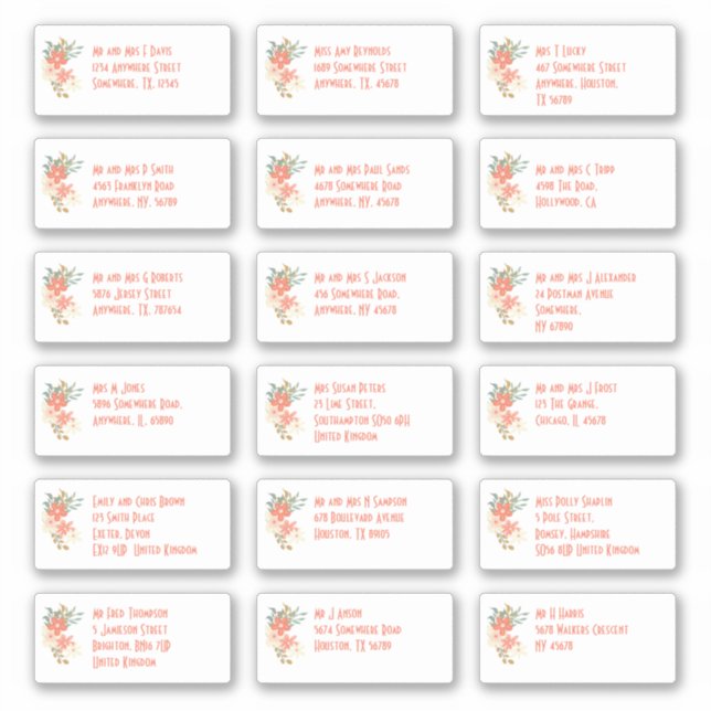 Sticker Floral Invité Noms individuels Adresses Expédition (Devant)