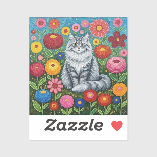Sticker Fluffy Gray Striped Cat with Folk Art Flowers (Feuille)