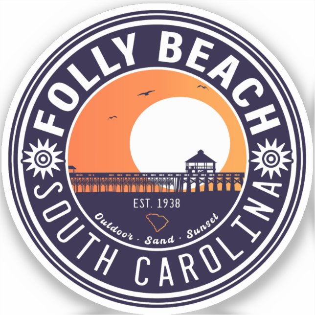 Sticker Folly Beach SC Souvenirs Retro Sunset Pier 60s (Recto)