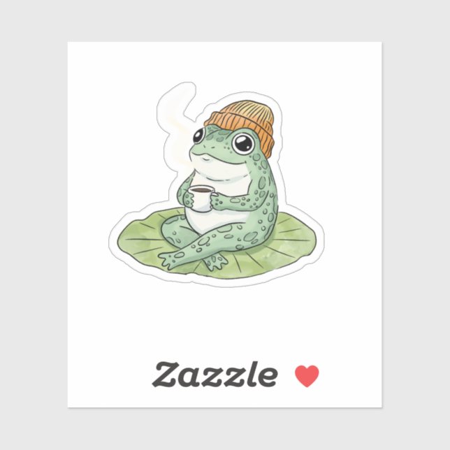 Sticker Frog Cottagecore Drinking Coffee Illustration (Feuille)