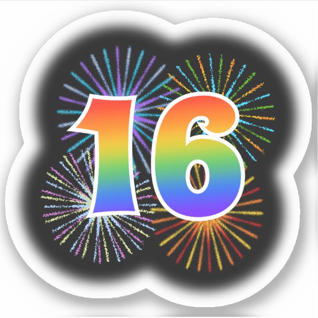 Sticker Fun Fireworks + Rainbow Motif "16" N° d'événement (Devant)
