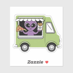Sticker Funky Alien Food Truck French Fries and Pizza