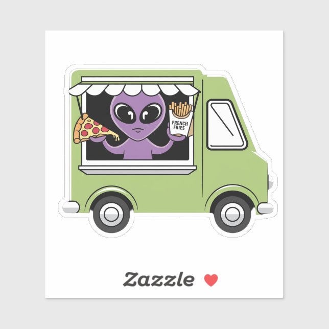 Sticker Funky Alien Food Truck French Fries and Pizza (Feuille)