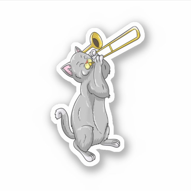 Sticker Funny Cat Playing Trombone Gift Cool Kitten Musici (Devant)