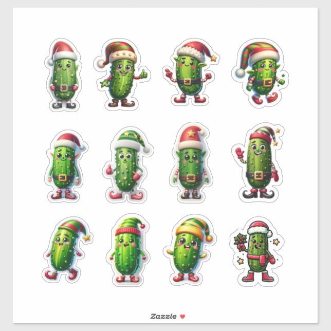 Sticker Funny Holiday Pickles in Santa Hats (Feuille)