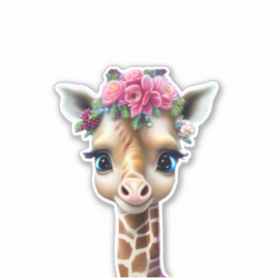 Sticker Giraffe Bébé mignonne avec Fleurs et Holly