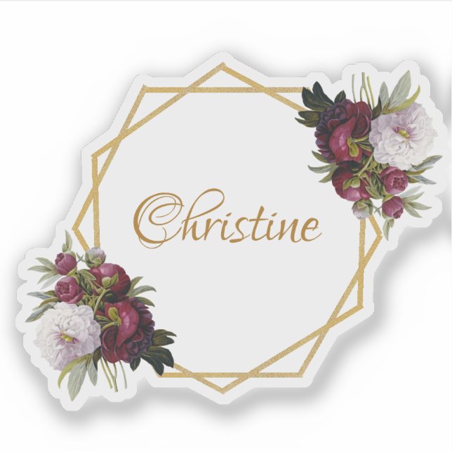 Sticker Girl Gold Burgundy Peonies Nom Floral Géométrique (Devant)