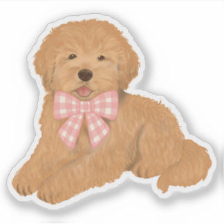 Sticker Golden Doodle with Pink Gingham Bow Party Favor