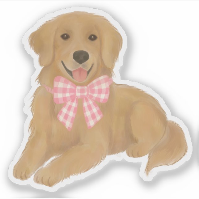Sticker Golden Retriever avec Pink En vichy Bow Party Favo (Devant)