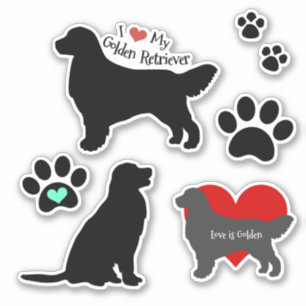 Sticker Golden Retriever Silhouette and Pawprints Group