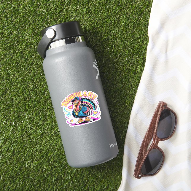 Sticker Graffiti Turkey Vibes � Thankful & Fly Cartoon Art (HydroFlask Insitu)