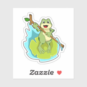 Sticker Grenouille comme randonneur avec bâton
