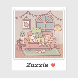 Sticker Grenouille Mignonne Lisant Un Livre Dans Une Chamb