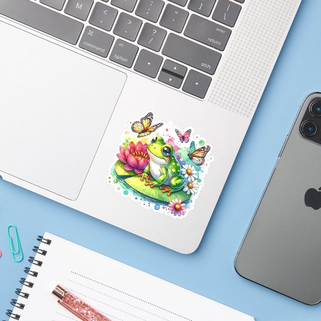 Sticker Grenouille mignonne sur Lily Pad avec Fleurs et Pa (Ordinateur portable avec iPhone)