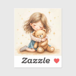 Sticker Gros câlins - Jolie fille serrant l'ours en peluch