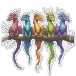 Sticker Groupe Arc-en-ciel de bébés dragons sur fond noir
