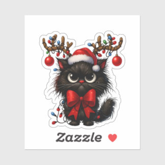 Sticker Grumpy Christmas Cat with Santa Hat and Antlers