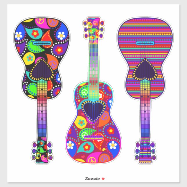Sticker Guitares peintes | Boho | Style hippie (Feuille)