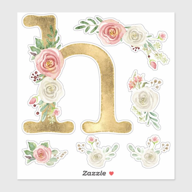 Sticker H Lettre or Blush Rose Floral Folial Aquarelle (Feuille)