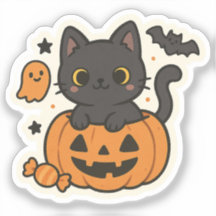 Sticker Halloween Chat Noir Cute - Citrouille Kawa