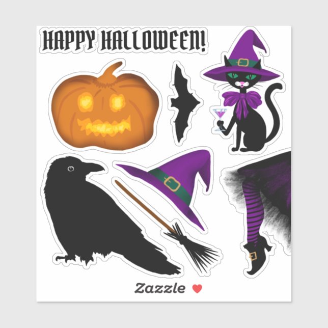 Sticker Halloween Chat Noir Sorcière Casquette Corbeau Cit (Feuille)