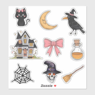 Sticker Halloween crâne, chat, Lune, corbeau, maison hanté