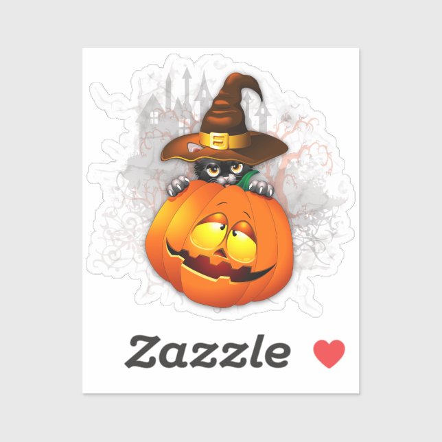 Sticker Halloween Cute Kitty Witch et ami Citrouille (Feuille)