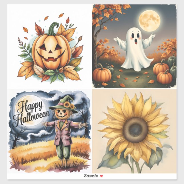 Sticker Halloween, Ghost, Jack-O-Lantern, Scarecrow,  (Feuille)