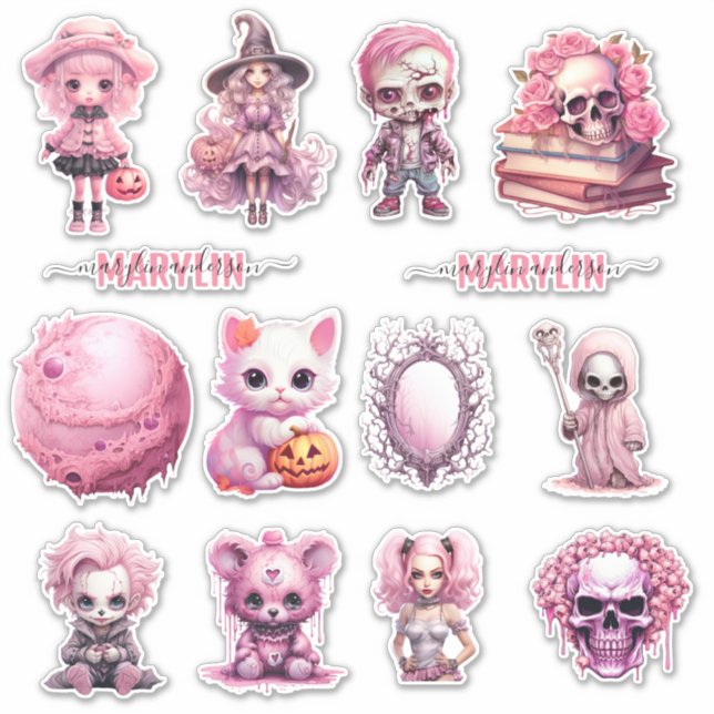 STICKER HALLOWEEN GOTHIQUE ROSE NOM CURSIVE PERSONNALISÉ (Devant)
