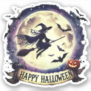 Sticker Halloween joyeuse - Sorcière en vol Broom