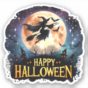 Sticker Halloween joyeuse - Sorcière en vol Broom