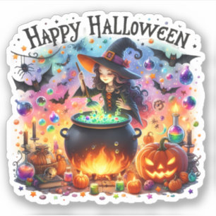 Sticker Halloween joyeux - Jolie sorcière, magie et chauve