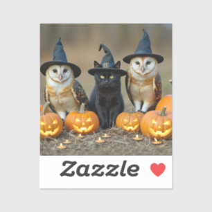 Sticker Halloween Mignon Chat Noir et Hiboux