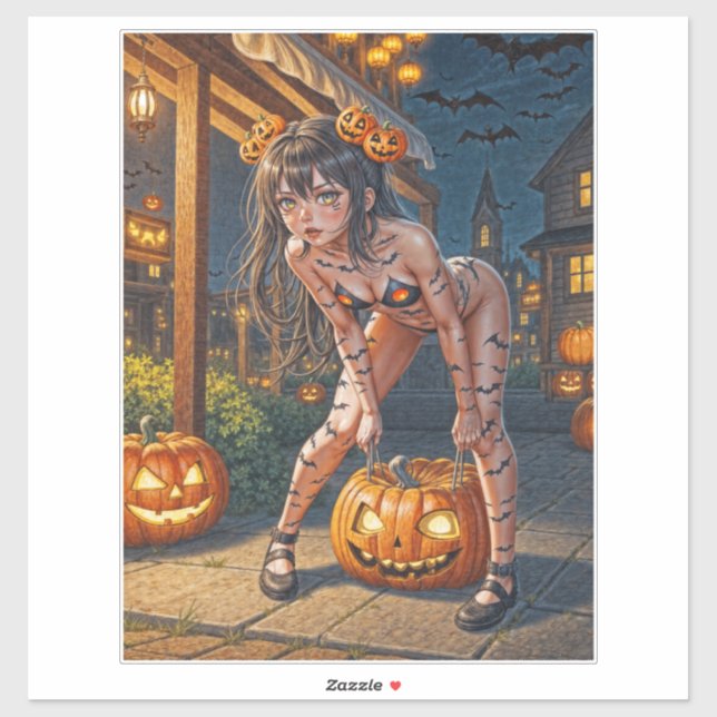 Sticker Halloween Monster Jack-o-Lantern & Bat Vixen Girl (Feuille)