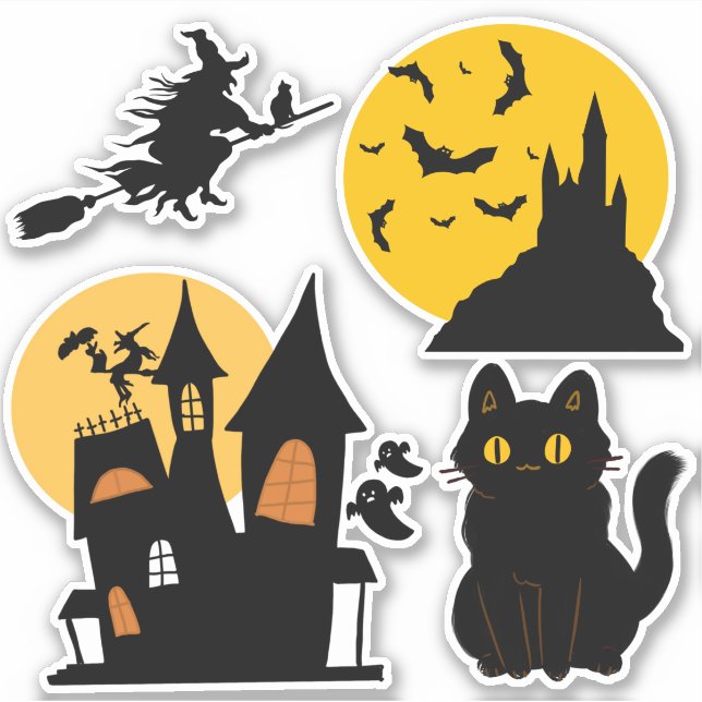 Sticker Halloween Set Haunted Maison Château Chat Sorcière (Devant)